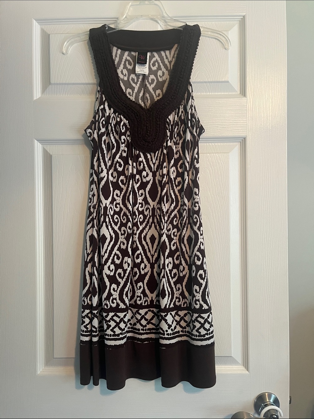 Wrapper Brown and white Ikat-Pattern Sleeveless Dress with Crochet Trim